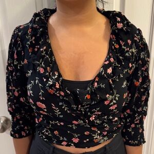 Ganni Black Floral Crop Wrap Top